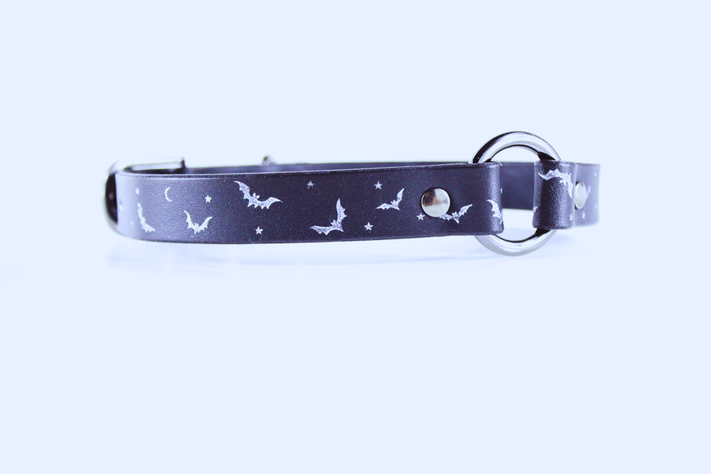 Bat and Moon Leather Choker – Celestial Gothic Submissive Collar