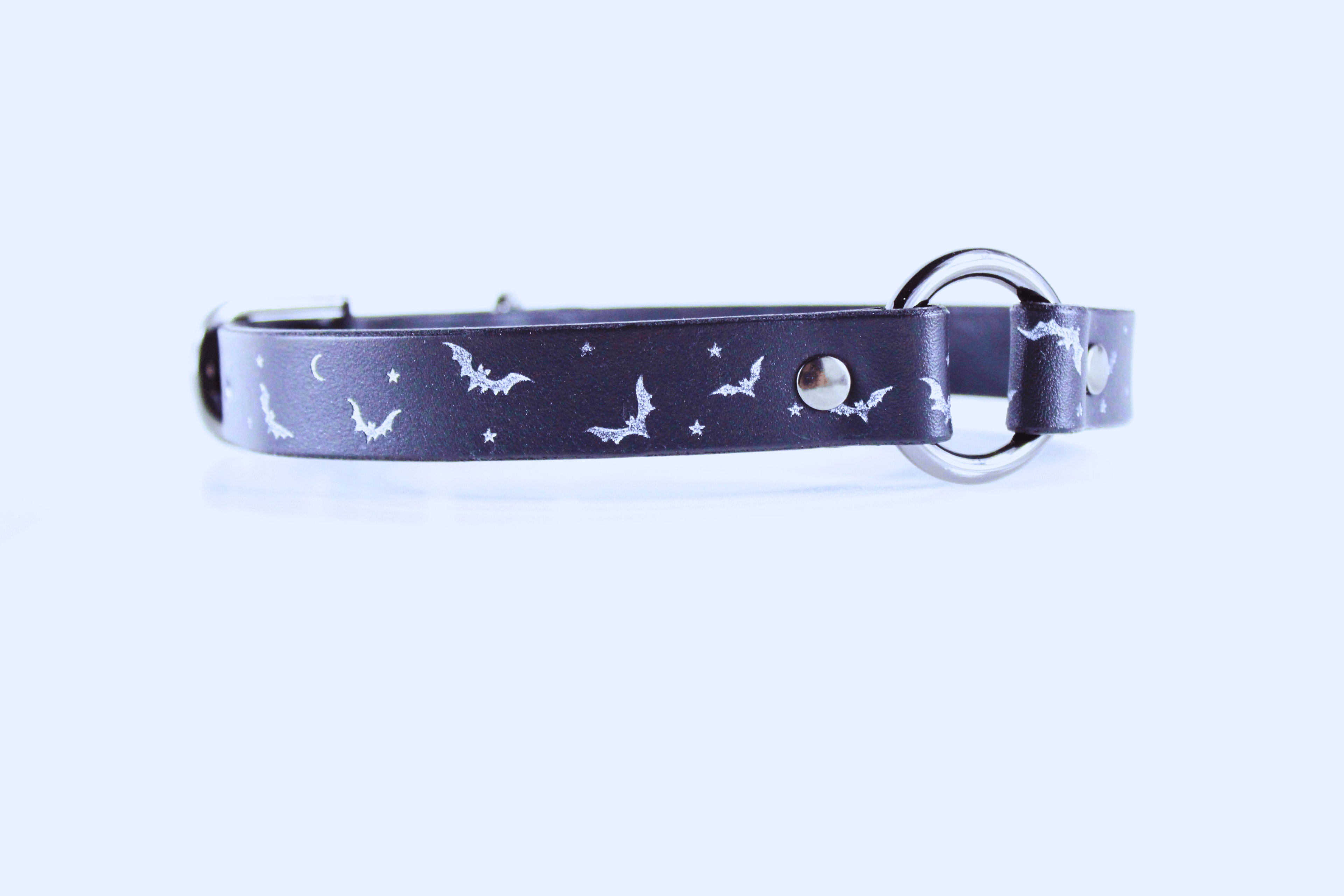 Bat and Moon Leather Choker – Celestial Gothic Submissive Collar