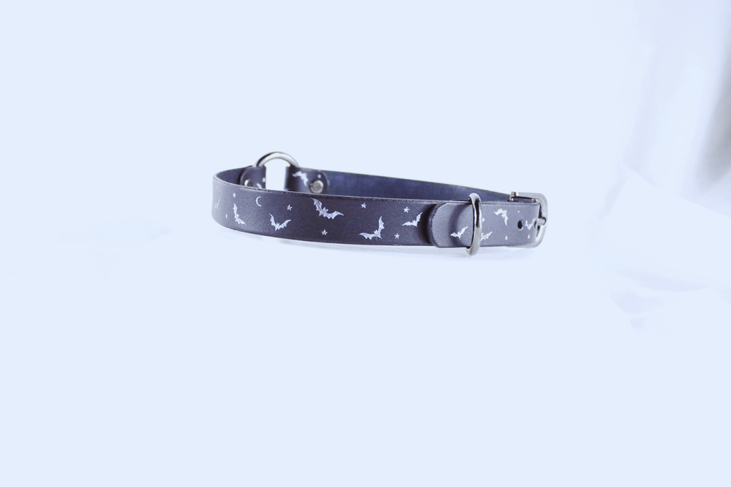 Bat and Moon Leather Choker – Celestial Gothic Submissive Collar
