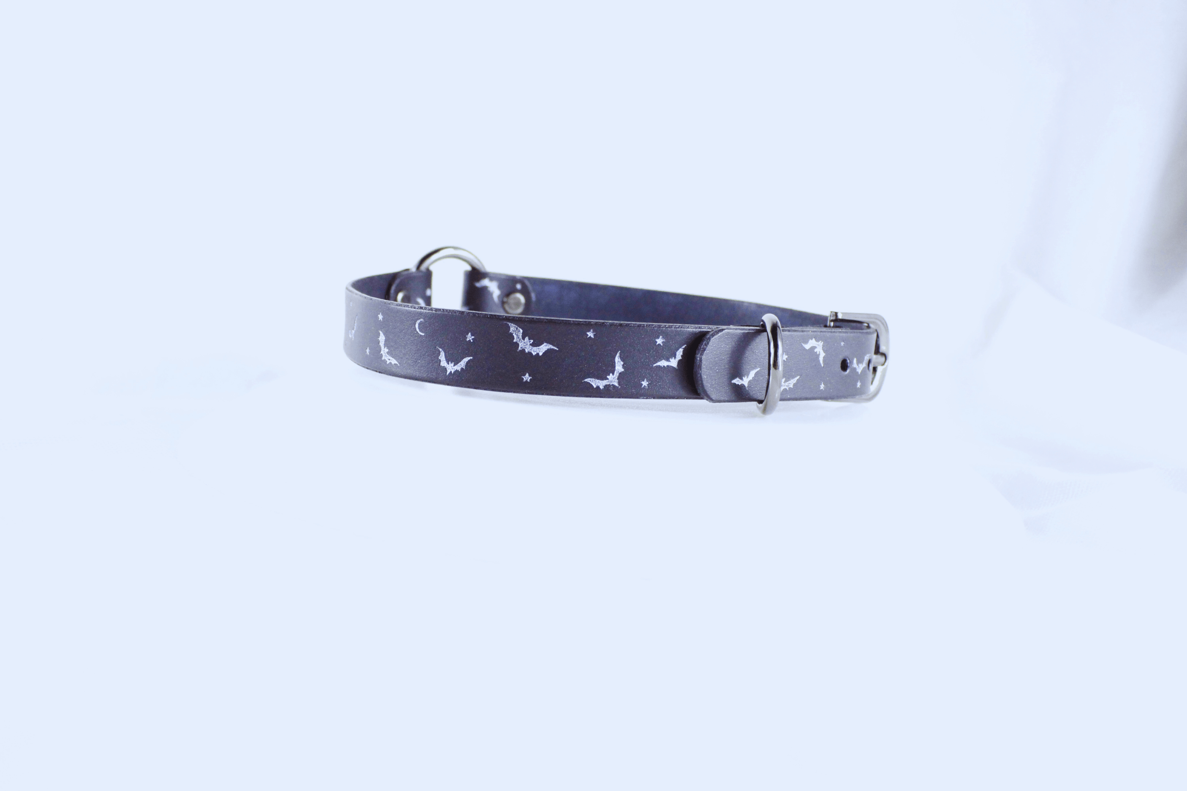 Bat and Moon Leather Choker – Celestial Gothic Submissive Collar