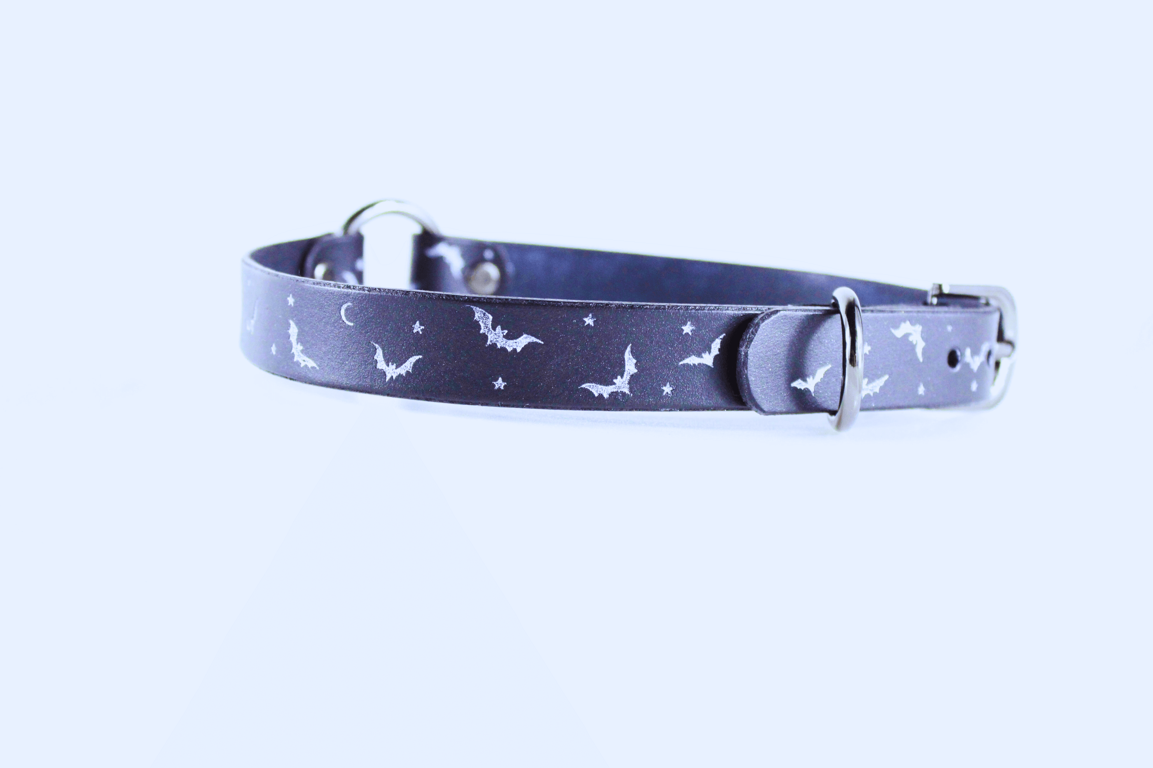 Bat and Moon Leather Choker – Celestial Gothic Submissive Collar