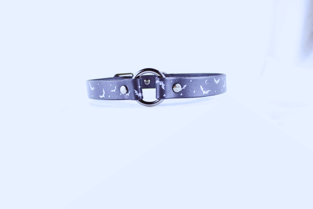 Bat and Moon Leather Choker – Celestial Gothic Submissive Collar