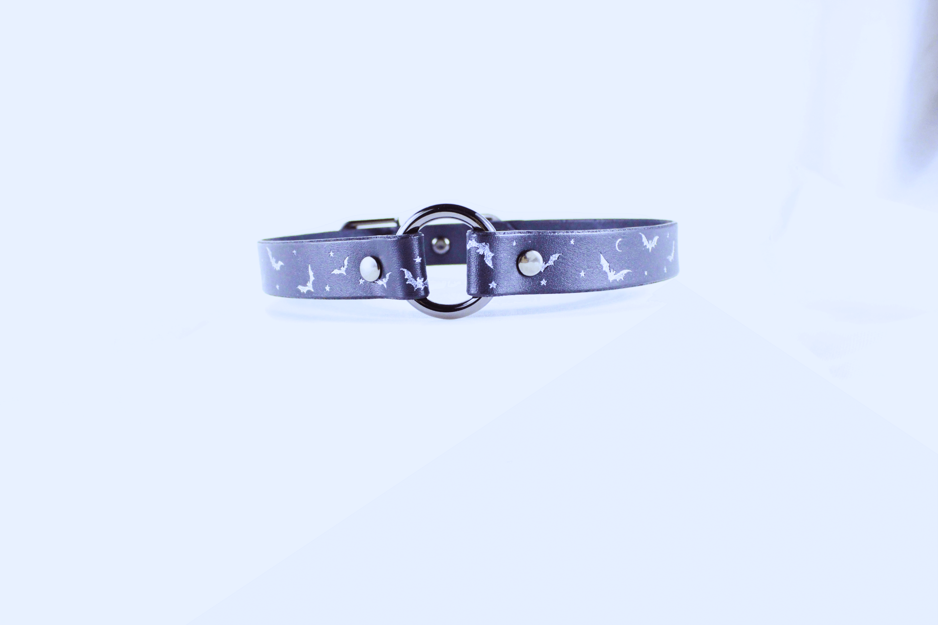 Bat and Moon Leather Choker – Celestial Gothic Submissive Collar