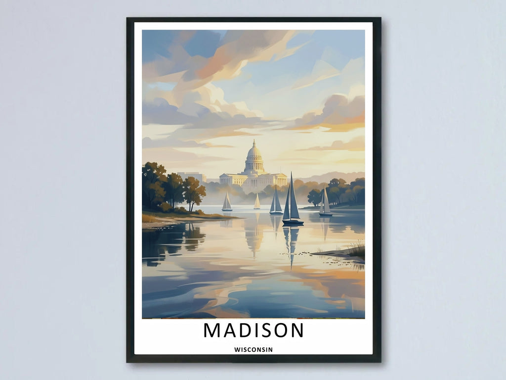Madison Wisconsin Capitol Sailboat Lake Art | Retro Sunset Travel Poster-0