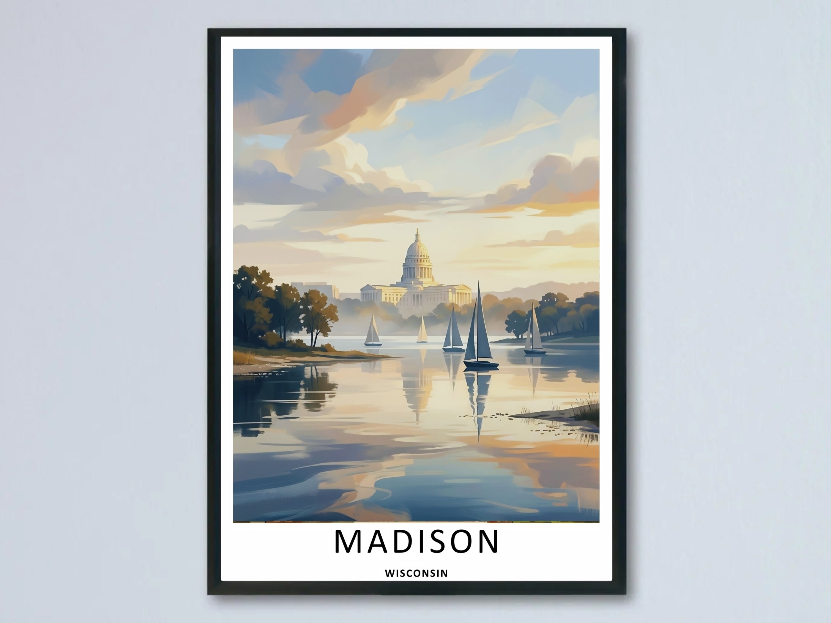 Madison Wisconsin Capitol Sailboat Lake Art | Retro Sunset Travel Poster-0