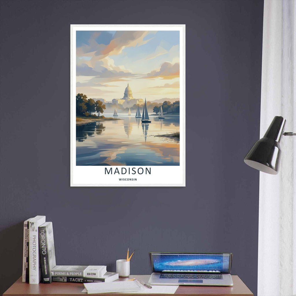 Madison Wisconsin Capitol Sailboat Lake Art | Retro Sunset Travel Poster-1
