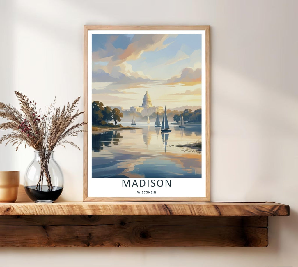 Madison Wisconsin Capitol Sailboat Lake Art | Retro Sunset Travel Poster-2