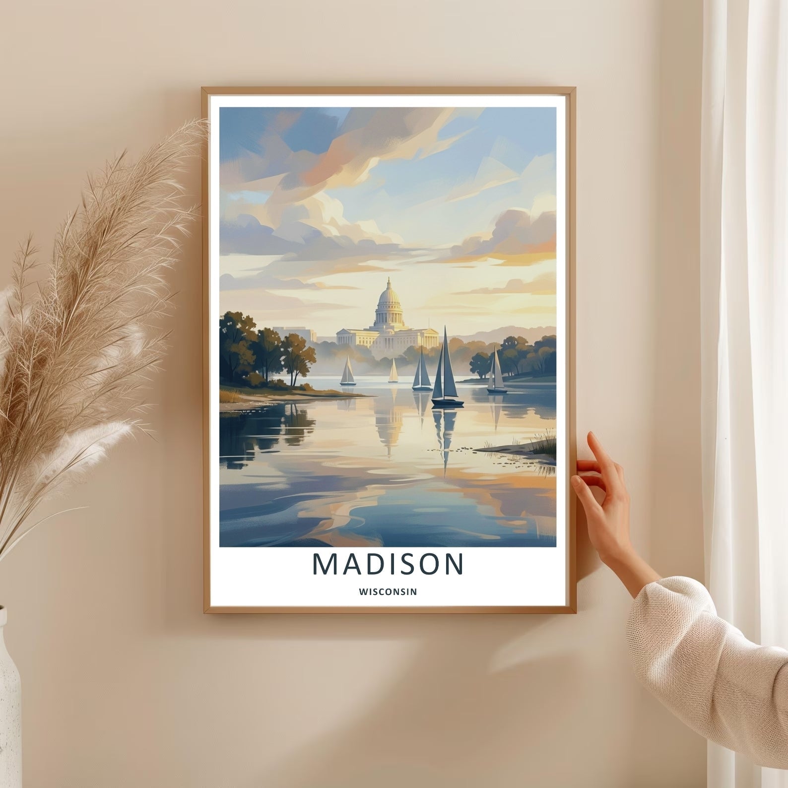 Madison Wisconsin Capitol Sailboat Lake Art | Retro Sunset Travel Poster-3