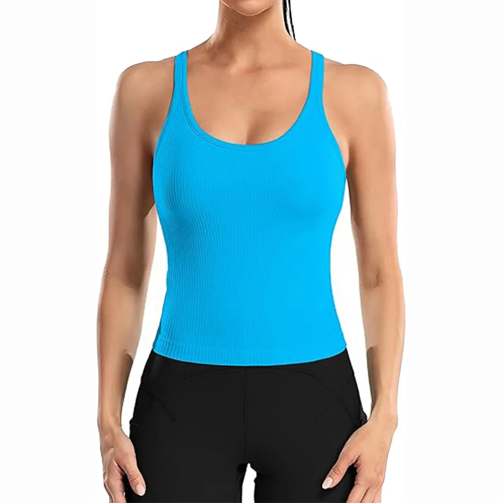 Attraco Women Sports Tank Tops Solid U Neck Racerback Slim Fit with Padded High Elastic Running Yoga Cycling Tops
