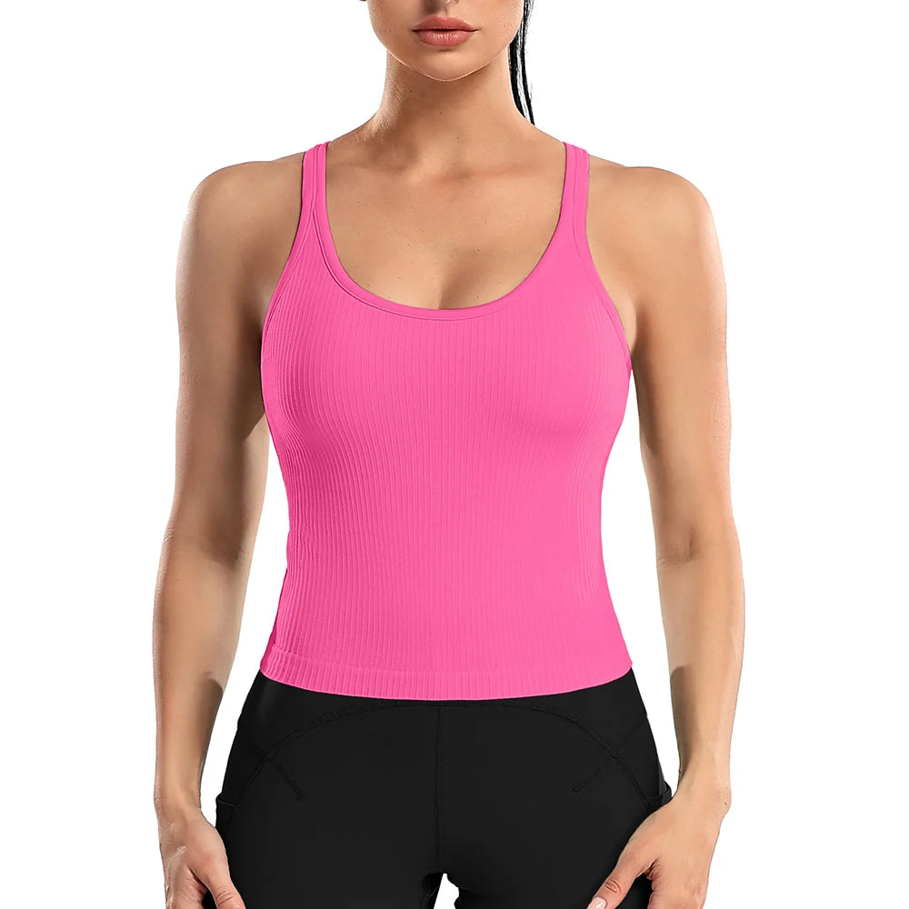 Attraco Women Sports Tank Tops Solid U Neck Racerback Slim Fit with Padded High Elastic Running Yoga Cycling Tops