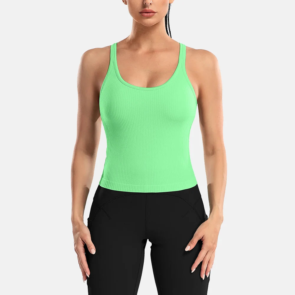Attraco Women Sports Tank Tops Solid U Neck Racerback Slim Fit with Padded High Elastic Running Yoga Cycling Tops