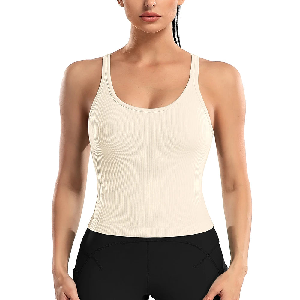 Attraco Women Sports Tank Tops Solid U Neck Racerback Slim Fit with Padded High Elastic Running Yoga Cycling Tops