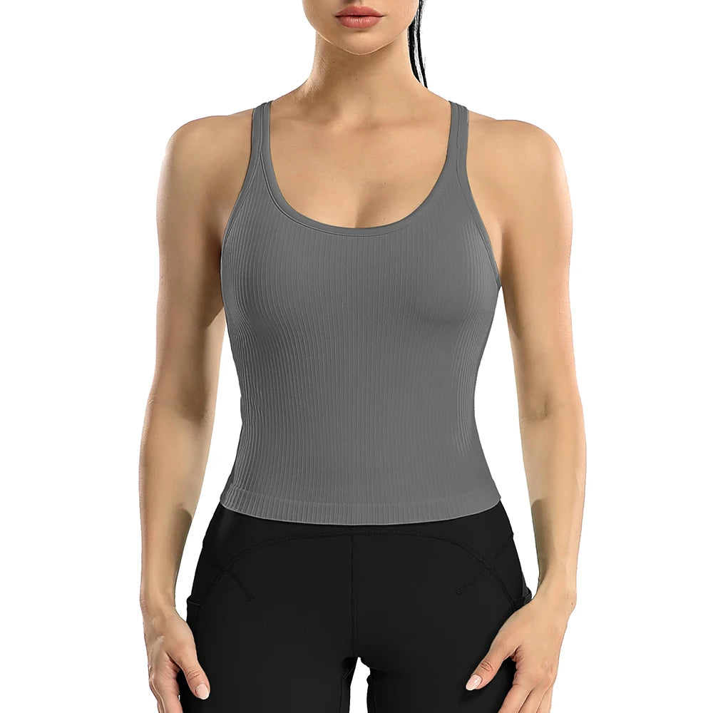 Attraco Women Sports Tank Tops Solid U Neck Racerback Slim Fit with Padded High Elastic Running Yoga Cycling Tops