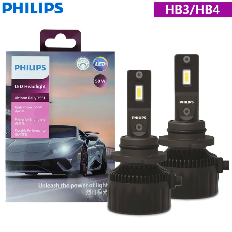 Philips LED H4 H7 H11 HB3 HB4 HIR2 Ultinon Rally 3551 Auto Head Light Max Power 100W 9000LM 6500K White High Lumen Watt LED Lamp