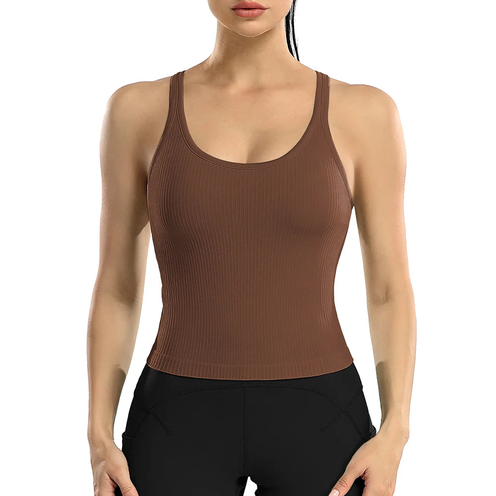 Attraco Women Sports Tank Tops Solid U Neck Racerback Slim Fit with Padded High Elastic Running Yoga Cycling Tops