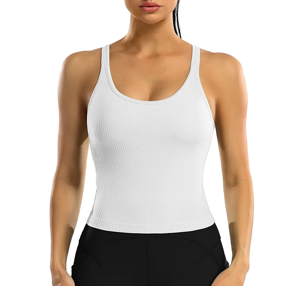 Attraco Women Sports Tank Tops Solid U Neck Racerback Slim Fit with Padded High Elastic Running Yoga Cycling Tops