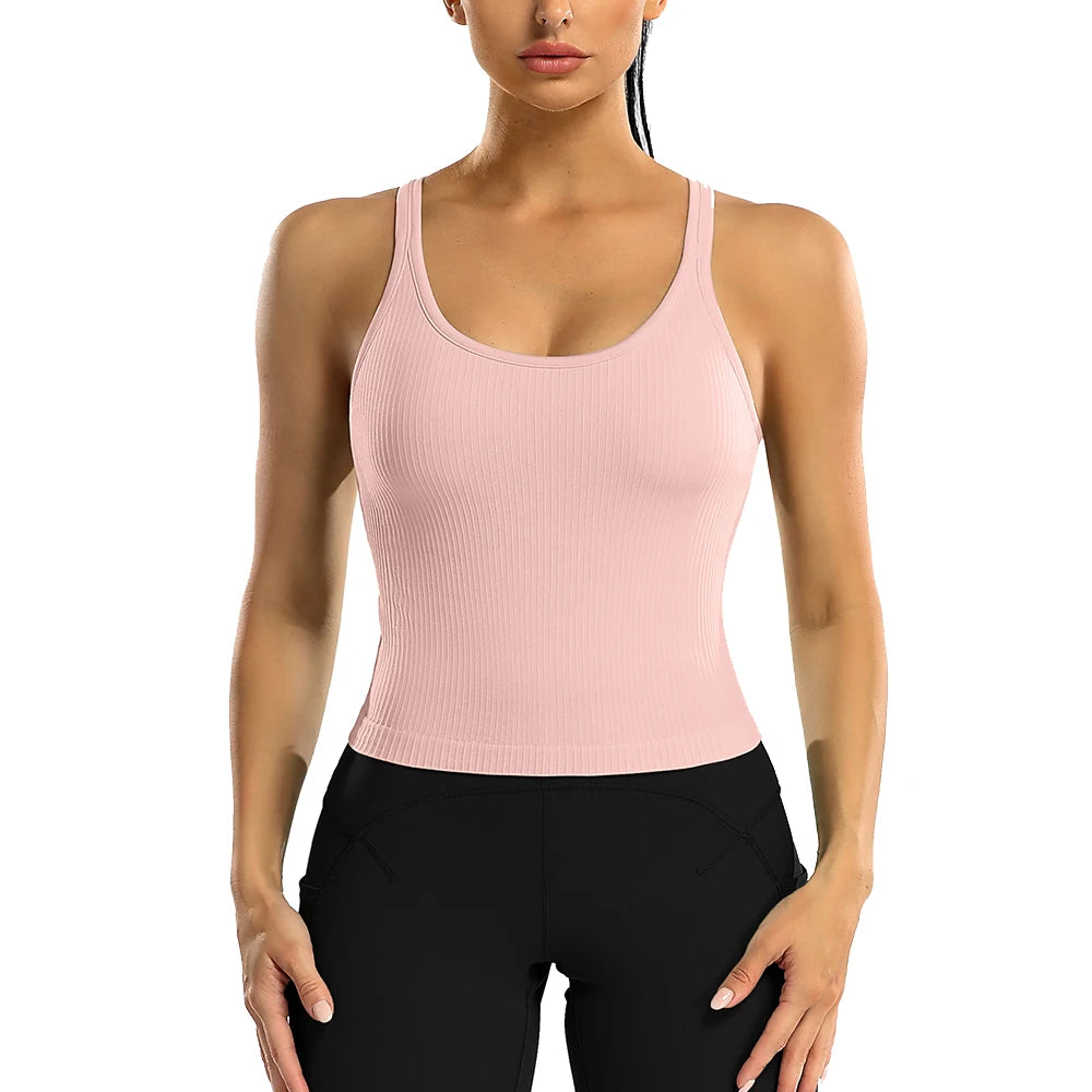 Attraco Women Sports Tank Tops Solid U Neck Racerback Slim Fit with Padded High Elastic Running Yoga Cycling Tops
