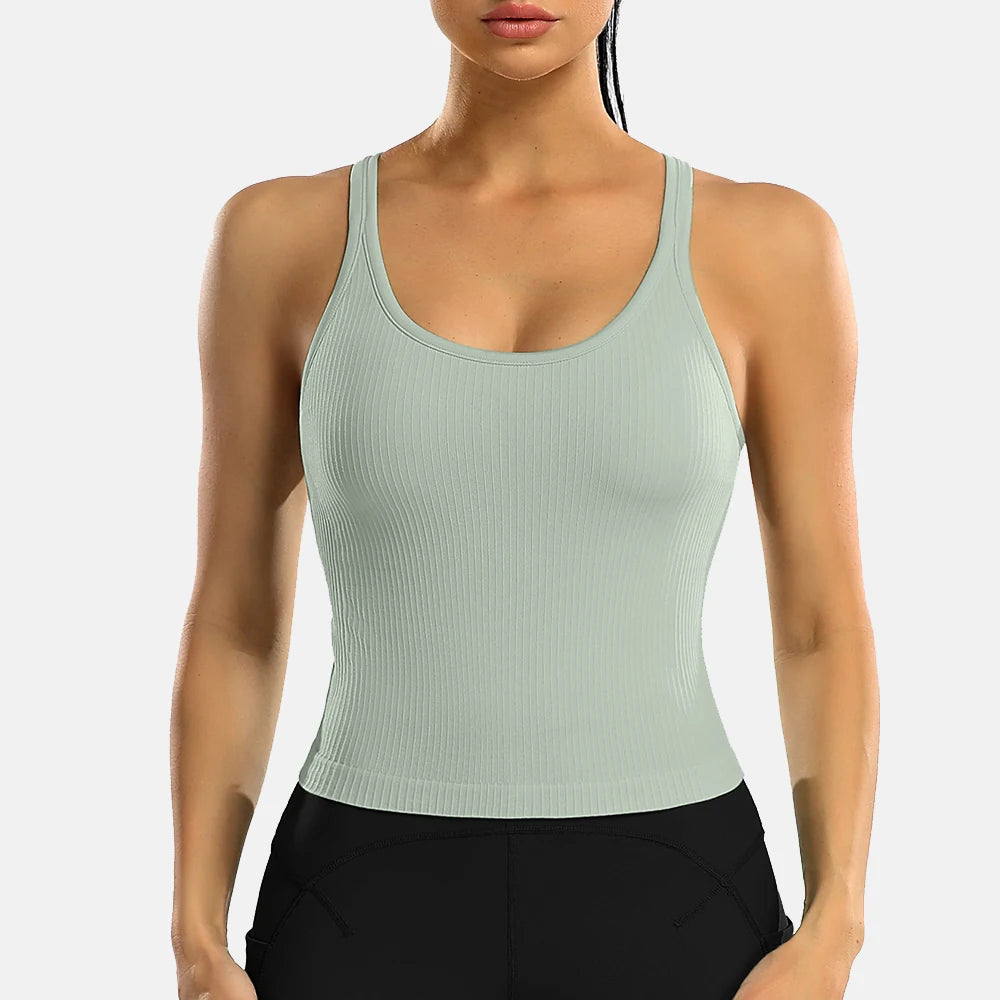 Attraco Women Sports Tank Tops Solid U Neck Racerback Slim Fit with Padded High Elastic Running Yoga Cycling Tops