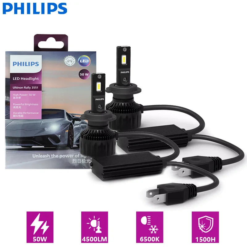 Philips LED H4 H7 H11 HB3 HB4 HIR2 Ultinon Rally 3551 Auto Head Light Max Power 100W 9000LM 6500K White High Lumen Watt LED Lamp