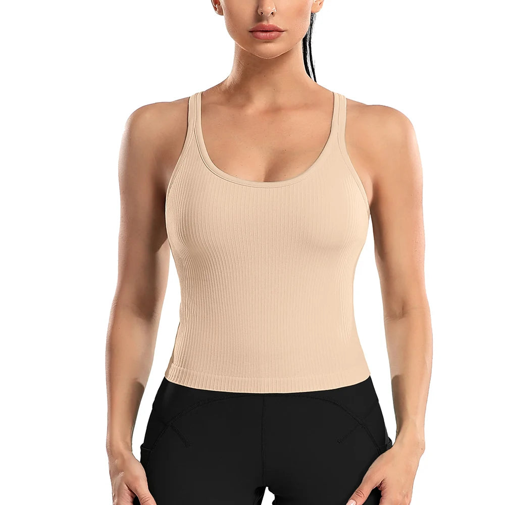 Attraco Women Sports Tank Tops Solid U Neck Racerback Slim Fit with Padded High Elastic Running Yoga Cycling Tops