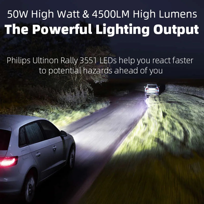 Philips LED H4 H7 H11 HB3 HB4 HIR2 Ultinon Rally 3551 Auto Head Light Max Power 100W 9000LM 6500K White High Lumen Watt LED Lamp