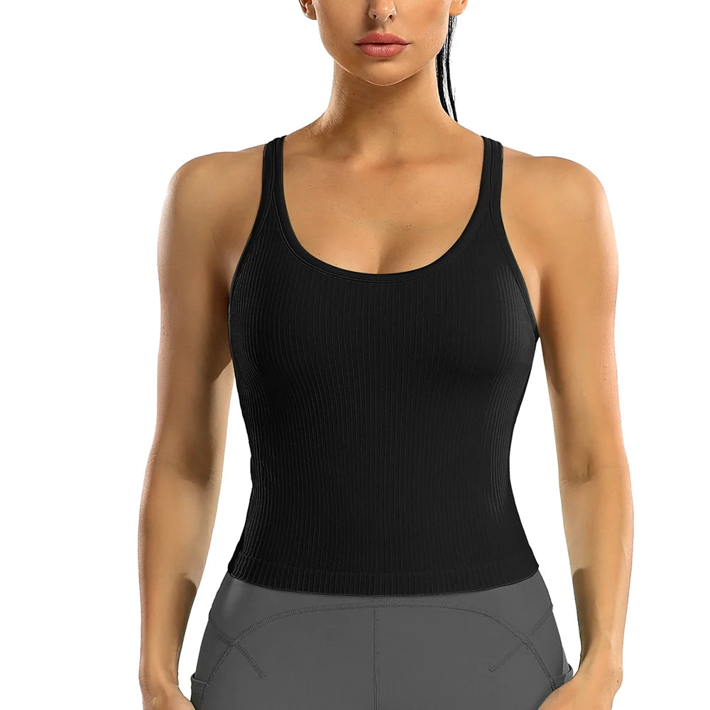 Attraco Women Sports Tank Tops Solid U Neck Racerback Slim Fit with Padded High Elastic Running Yoga Cycling Tops