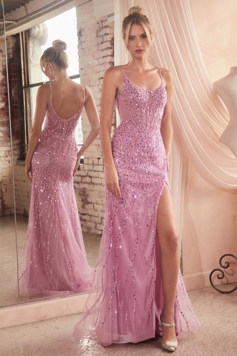 Sequins Embellished Long Festive Gown w/ Sequin Overlay & Daring Leg Slit - CDCD0220