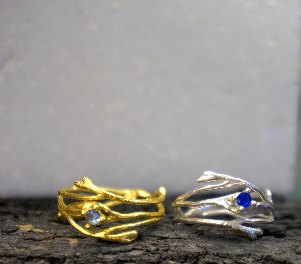 Real Jasmine Branch Ring, Gold or Sterling Silver 925, Handmade Organic Forest Band Jewelry, Gift for Luck & Health,