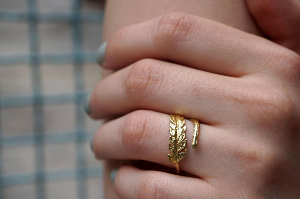 Gold Fern Leaf Ring, Handmade Minimalist Jewelry, Organic Forest Band, Gift for Luck & Rejuvenation, Eco Sustainable Sterling Silver 925