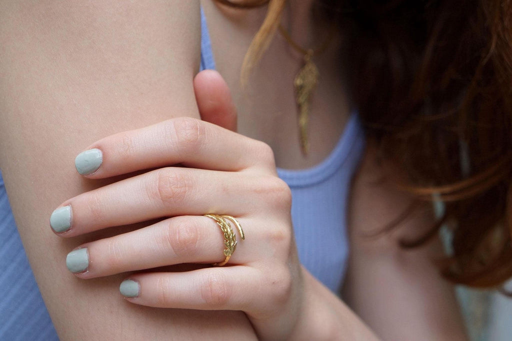 Gold Fern Leaf Ring, Handmade Minimalist Jewelry, Organic Forest Band, Gift for Luck & Rejuvenation, Eco Sustainable Sterling Silver 925